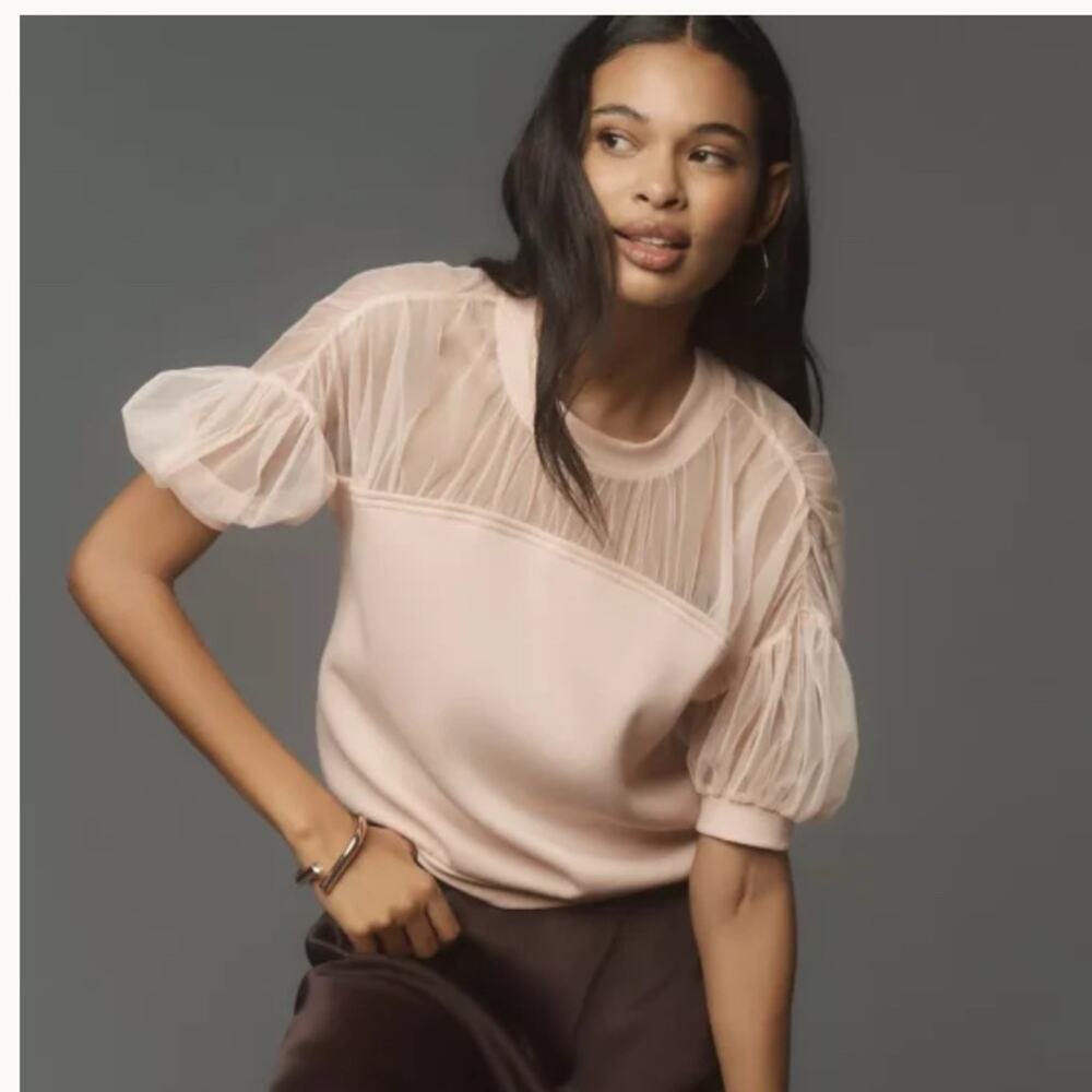 Maeve Chic Sheer Puff Sleeve Top